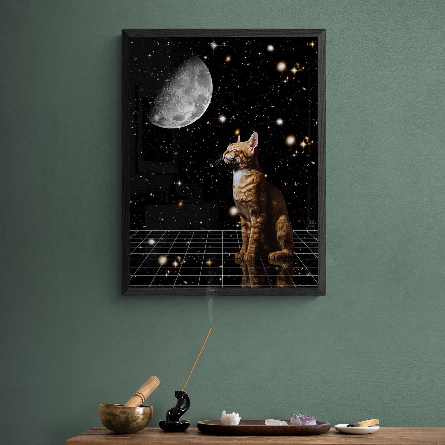 Meditation Cat 18X24 Inch Print for surreal and collage art fans, great for unique home decor, cat fans and moon lovers