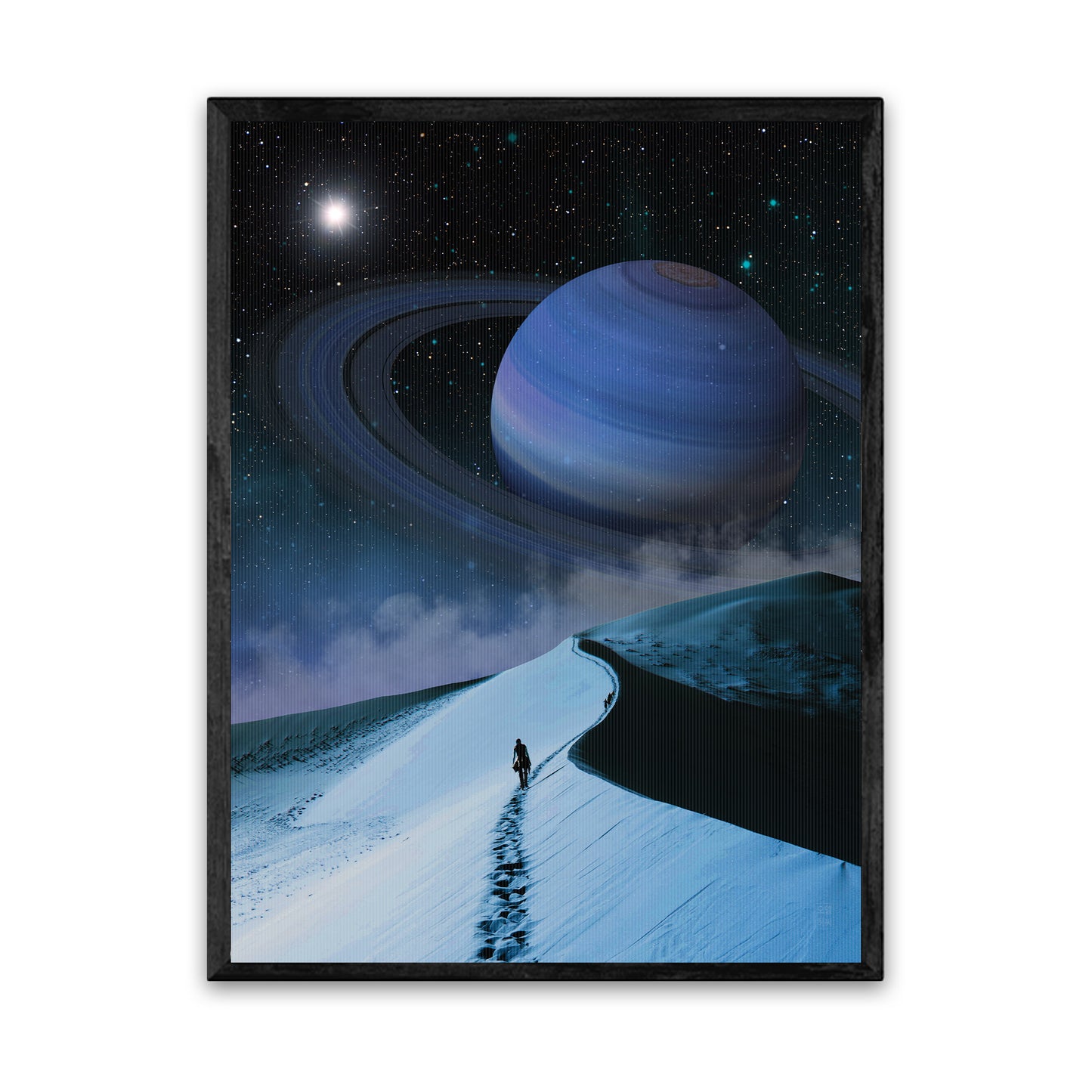 Blue Saturn Hike 18X24 Inch Poster Print for Space Art & Saturn fans, great gift for home decor and room design.